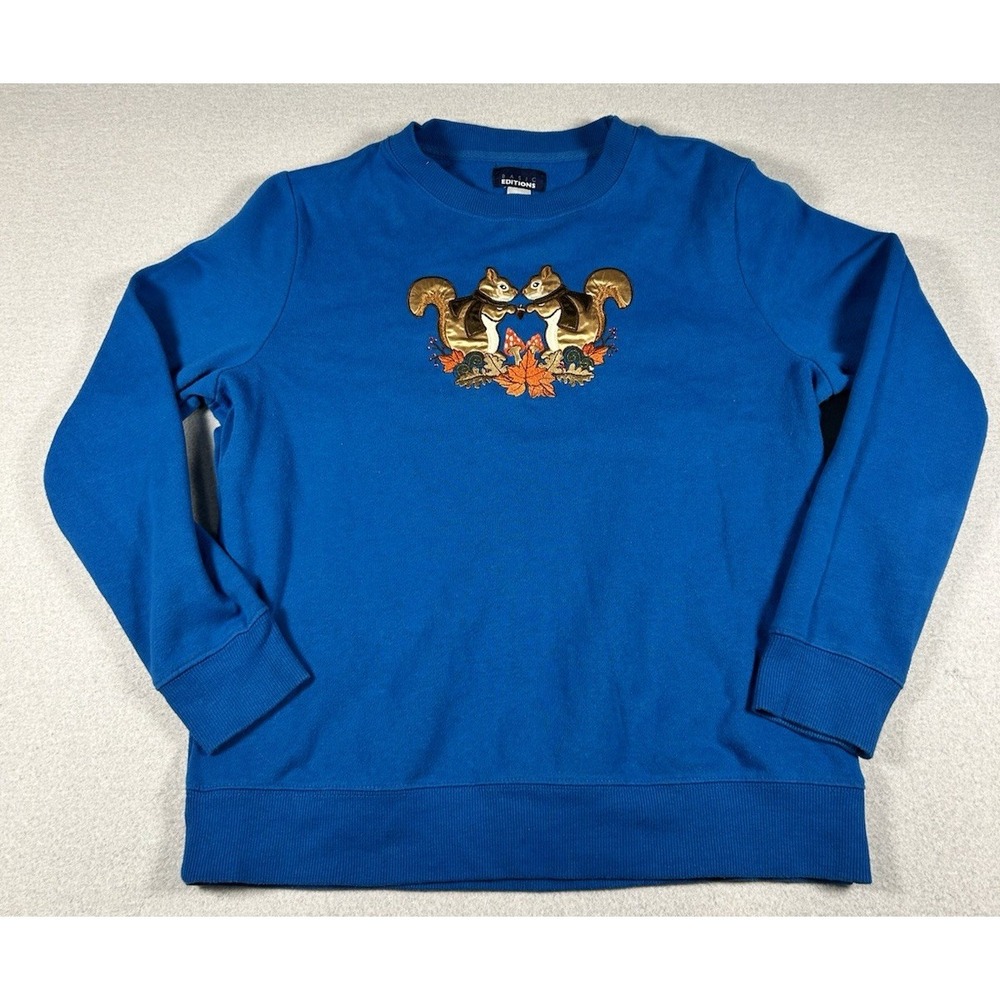 VTG 90s Embroidered Grandma Style Crewneck Sweatshirt Fall Squirrel Leaves SMALL